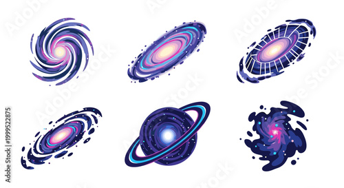 A set of six colorful galaxy illustrations on a black background