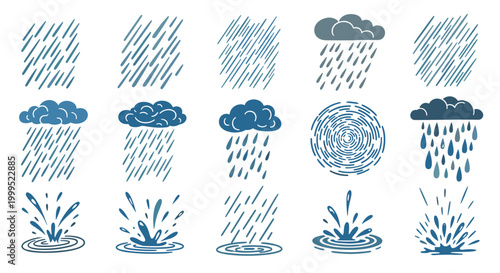 A set of blue rainfall weather icons in a minimalist flat design style