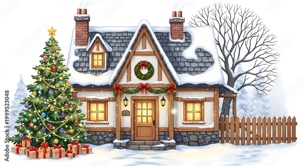 Fototapeta premium Cozy winter house decorated for christmas with a glowing tree and presents in the snowy yard