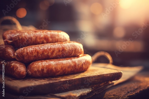 Savory sausages on rustic wooden boards