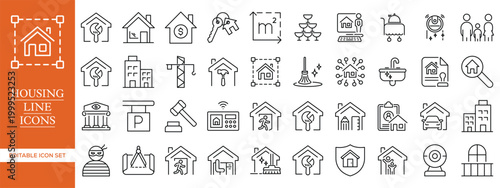 Housing Line Icons Set, Real Estate Home Property Outline Vector Collection Editable Stroke