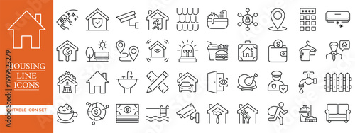 Housing Line Icons Set, Real Estate Home Property Outline Vector Collection Editable Stroke