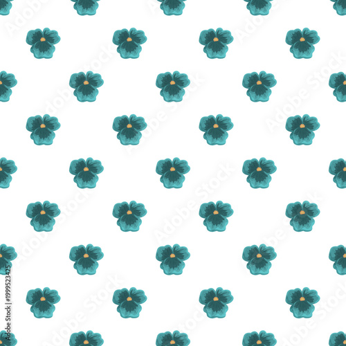 Repeating botanical design with teal pansies creating a decorative floral wallpaper texture