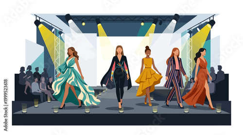 Fashion illustration of five models in trendy outfits walking down a runway with a modern, minimalist background and cinematic lighting.