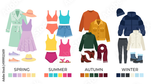 Seasonal fashion illustration of clothing and accessories for spring, summer, autumn, and winter with colorful outfits and shoes on a clean white background.