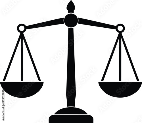 Minimalist black silhouette of a classic legal scale of justice representing law, court, judgment, and fair balance