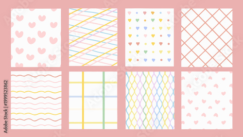 Seamless pastel heart and line patterns set colorful repeating backgrounds
