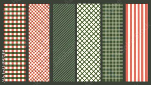 Repeating gingham and striped patterns in green and red seamless vector illustration