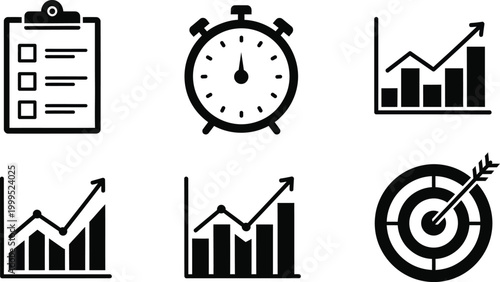 Business productivity icon set checklist clock growth chart target vector illustration