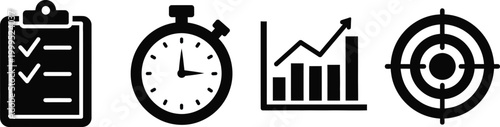 Time management icons stopwatch chart target silhouette vector set
