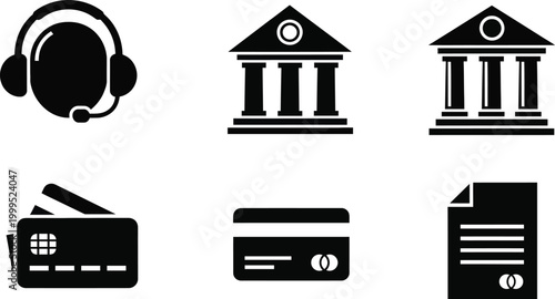 Business finance icon set headset bank card document silhouette vector