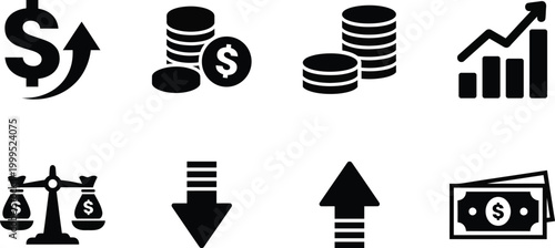 Finance investment icon set money growth and economic indicators silhouette vector