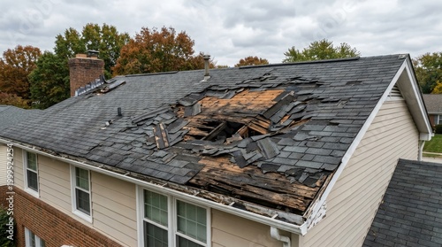A damaged roof shows significant deterioration with missing shingles and exposed wood. The roof is gray and appears to be made of asphalt shingles.