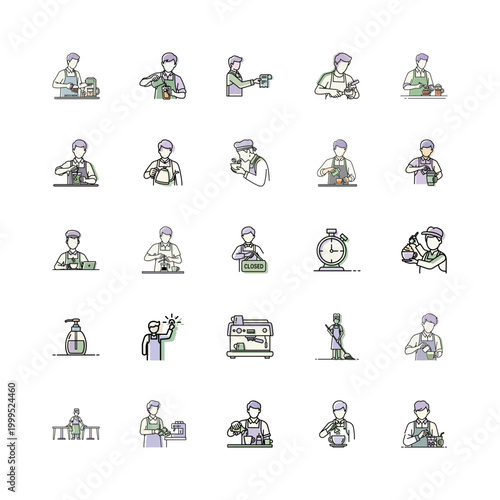 Barista Coffee Shop Illustration or Coffee Maker Icon Set