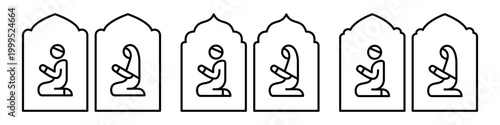 Islamic prayer icon set with male and female figures in outline style. Muslim symbols in various arch shapes. Minimal vector signage for prayer rooms.
