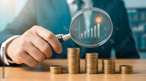 Hand with magnifying glass analyzing financial growth chart over coins for investment success
