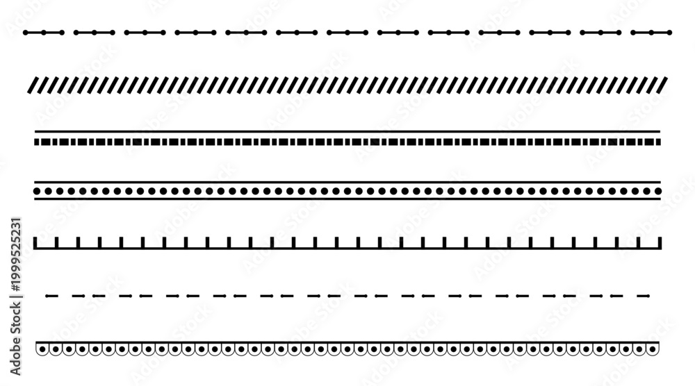 Obraz premium Decorative Divider Line Set with Abstract Geometric Borders Dotted Dashed and Patterned Vector Graphic