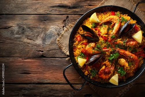 Traditional paella in pan on wooden background