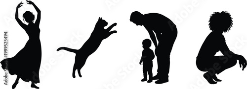 Dancing person cat leaping adult child interaction squatting figure silhouettes icon illustration, movement artwork design, concept motif professional representationt