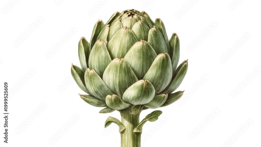 Fototapeta premium Green Artichoke with Stem and Leaves Close-Up