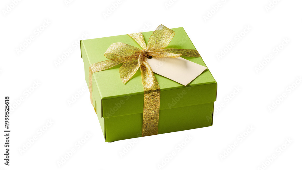 Obraz premium Green gift box with gold ribbon and paper tag