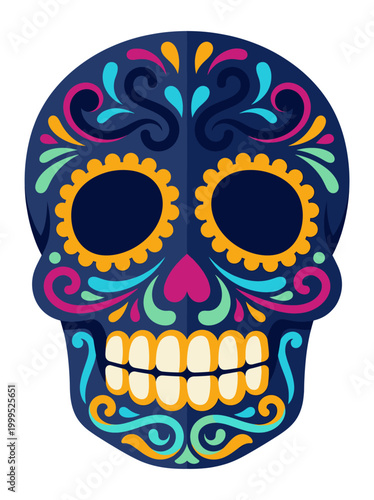 Midnight sugar skull glowing in sapphire turquoise fuchsia and marigold ornament channels festive calavera symbolism through floral swirls luminous contrast and richly stylized day of the dead charm
