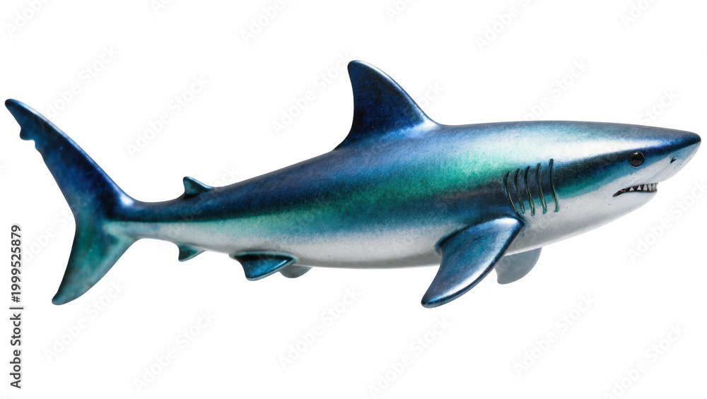 Fototapeta premium Blue metallic shark figurine with open mouth and visible teeth