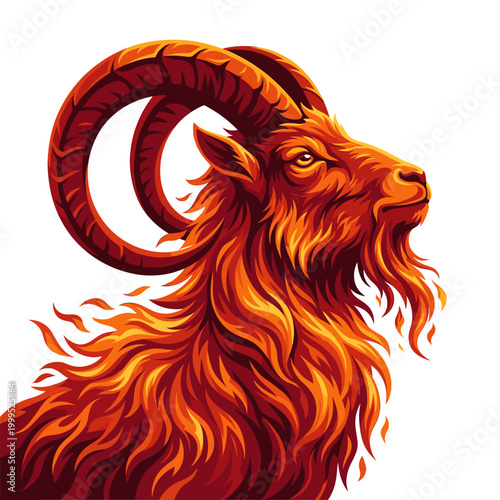 Blazing ram portrait forged from incandescent orange fur and monumental spiral horns unleashing zodiac ferocity mythic heat and untamed strength through fierce fantasy emblem