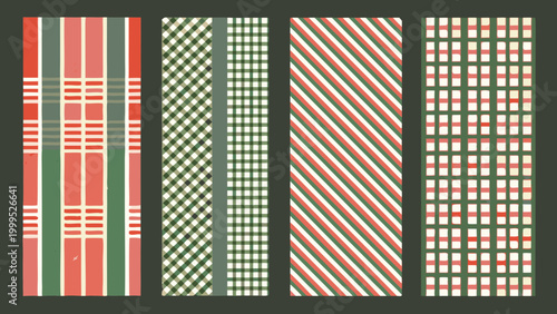 Repeating plaid and gingham patterns in red and green decorative textile design