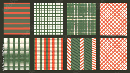 Repeating gingham and striped patterns in red green and beige