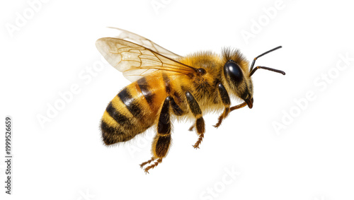 Photos Fuzzy striped Honeybee with delicate wings and antennae in profile