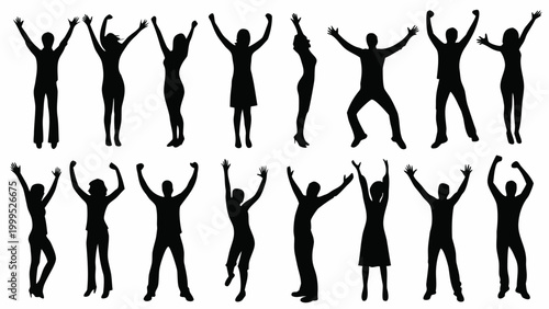 Collection of black silhouettes depicting people with arms raised in celebration