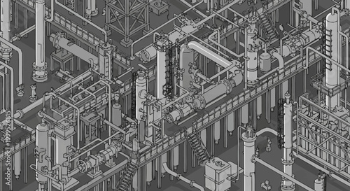 Fotografie Complex industrial plant with intricate network of pipes and machinery, isometric view