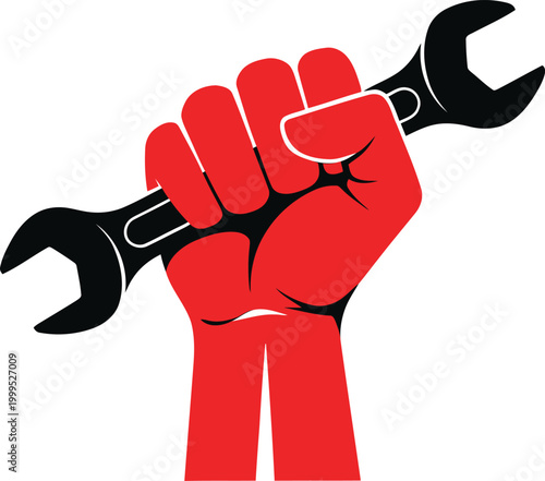Raised fist holding wrench for labor union solidarity and workers rights, social justice protest symbol, vintage style graphic