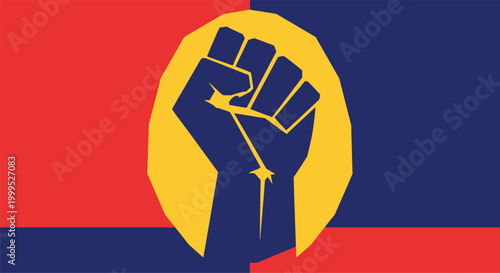 Raised fist holding wrench for labor union solidarity and workers rights, social justice protest symbol, vintage style graphic
