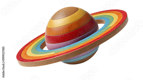 educational toy cutout of wooden toy planet with rainbow ring, playful space-themed object with smooth painted finish, sharp focus, clean edges high definition, isolated on white background