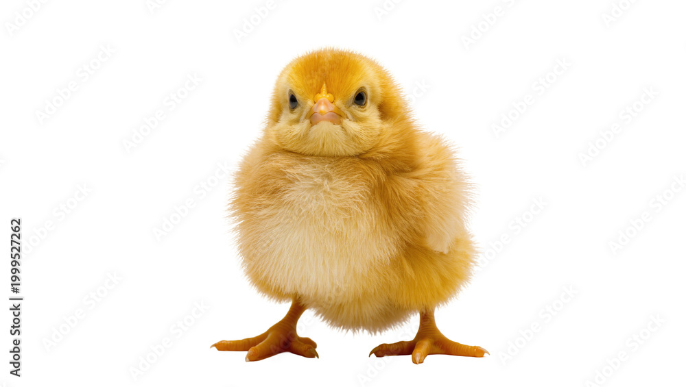 Fototapeta premium Fluffy yellow chick standing with curious expression