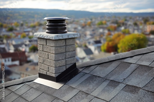 New chimney installation on asphalt shingle rooftop