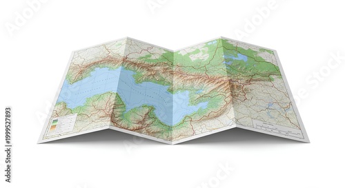 Folded map on white background for travel and navigation purposes