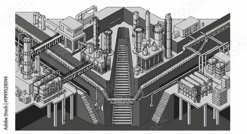Isometric illustration of a complex industrial plant with multiple processing units and conveyor belts.