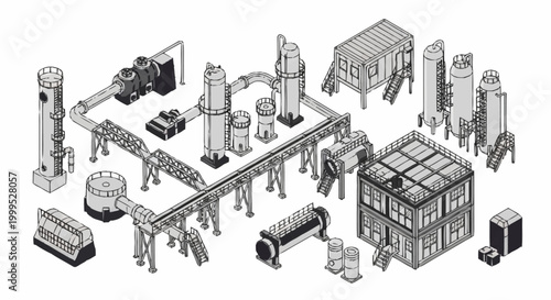 Industrial plant schematic with various interconnected machinery and buildings, rendered in a clean, isometric style.