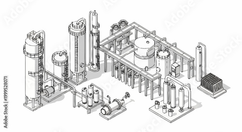 Industrial plant illustration with various tanks, pipes, and machinery in a clean, modern design.