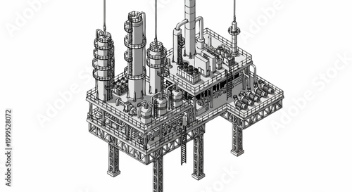 Detailed isometric illustration of an offshore oil rig platform with complex machinery and structures.