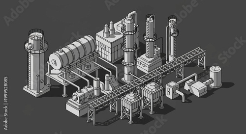 Isometric illustration of an industrial oil refinery complex with various towers and pipelines.