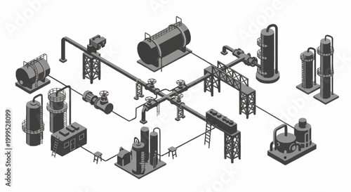Industrial plant schematic with pipes, tanks, and processing units in isometric view.