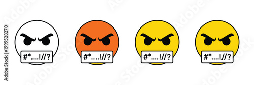 Four emoji faces showing frustration and anger emotions in flat design vector illustration, representing negative user feedback, customer dissatisfaction, stress reactions, emotional rating scale indi