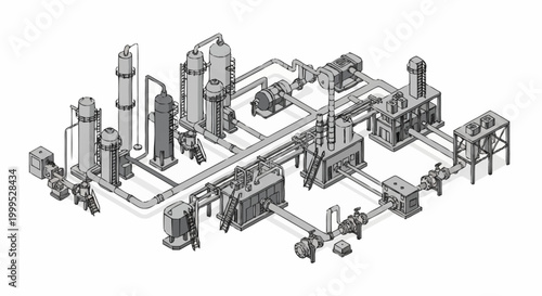 Industrial plant schematic with complex machinery and piping systems, rendered in isometric view.
