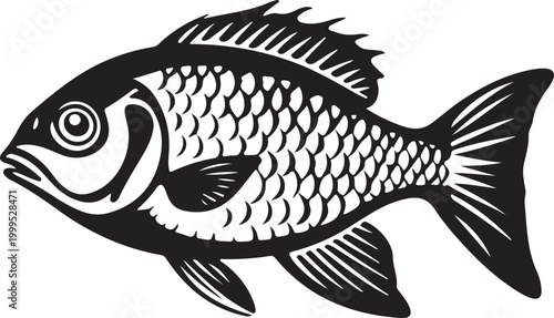 Detailed fish illustration in monochrome woodcut style isolated on plain white background.
