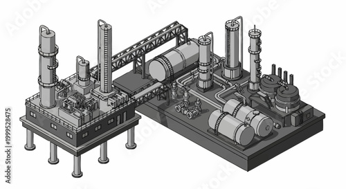 3D rendering of an industrial chemical processing plant with complex machinery and pipelines.
