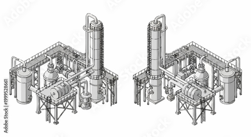 Isometric illustration of industrial chemical processing plant equipment with distillation columns and tanks.